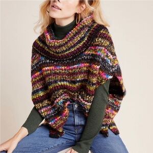 Anthropologie Piera Chunky Poncho Sweater Black Multicolor Turtleneck M/L
